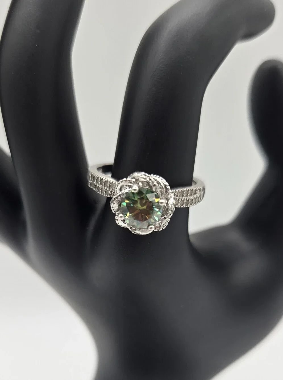 Mystic Green Moissanite Halo Ring Size 8.5